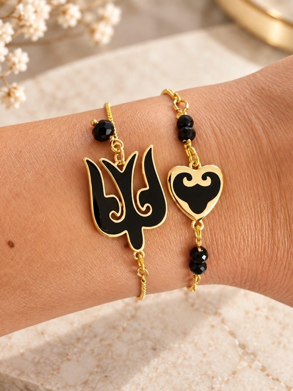 2 Pc Kazakh Inspired Black & Gold Adjustable Bracelet Set